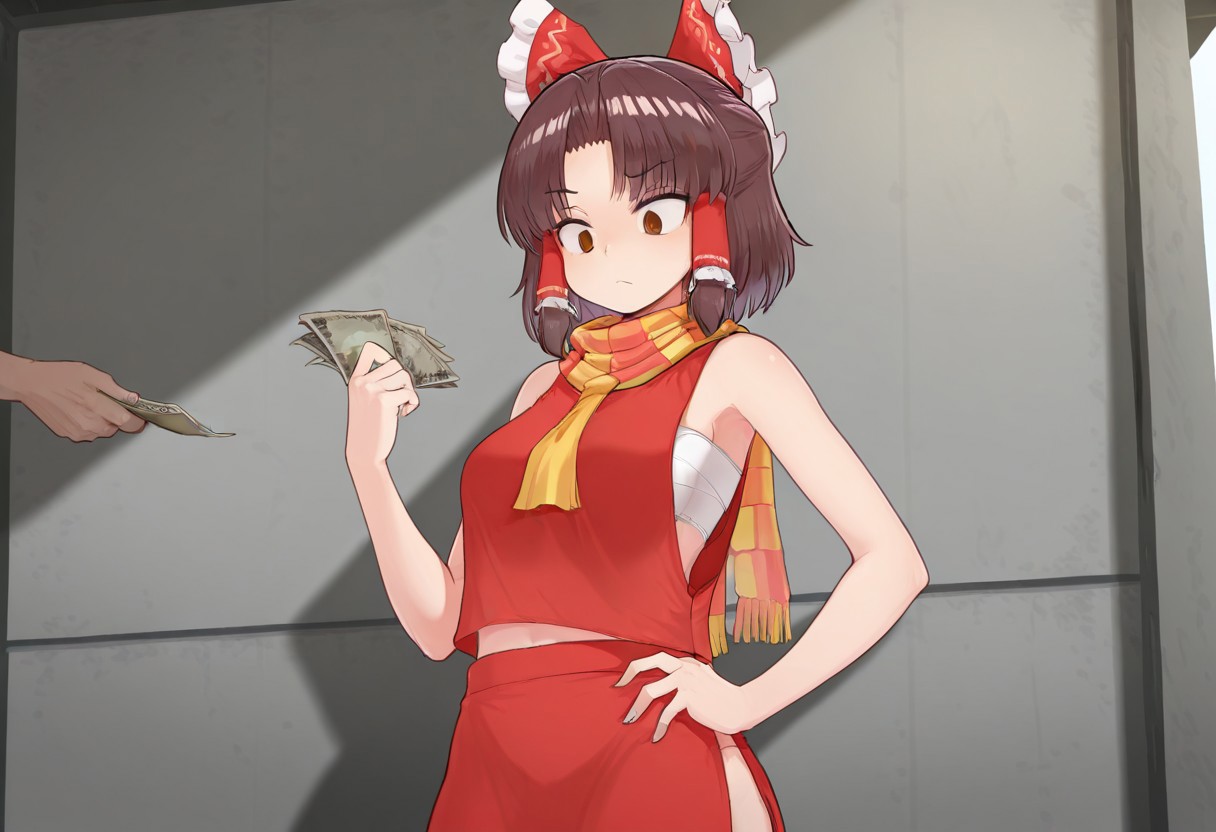 best quality, masterpiece, cowboy shot, 
1girl, solo, benikurage \(cookie\), (hakurei reimu:0.5), skinny, medium breasts, red shirt, red skirt, midriff peek,
frown, looking at money,
parted bangs, red scarf, yellow scarf, checkered scarf, sarashi,
hand on own hip,
1boy, body out of frame, holding money, money,