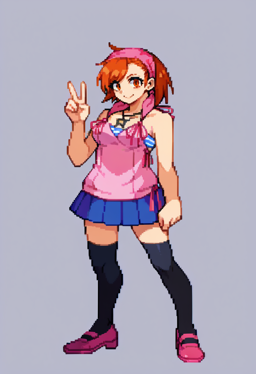 score_9, score_8_up, score_7_up, source_anime, BREAK, solo, 1girl,  <lora:Yuzu-pdxl_Fp:1>, yuzudesu, orange hair, orange eyes, short hair, bandana, pink camisole, tube top, necklace, skirt, black thighhighs, pink footwear,  <lora:CPS2-pdxl_Fp:1>, full body, simple background, looking at viewer, pixel art, white background, standing,  looking at viewer, v