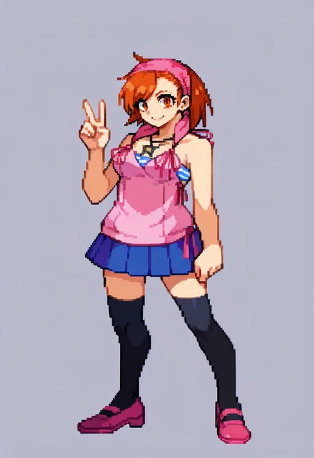 score_9, score_8_up, score_7_up, source_anime, BREAK, solo, 1girl, <lora:Yuzu-pdxl_Fp:1>, yuzudesu, orange hair, orange eyes, short hair, bandana, pink camisole, tube top, necklace, skirt, black thighhighs, pink footwear, <lora:CPS2-pdxl_Fp:1>, full body, simple background, looking at viewer, pixel art, white background, standing, looking at viewer, v
