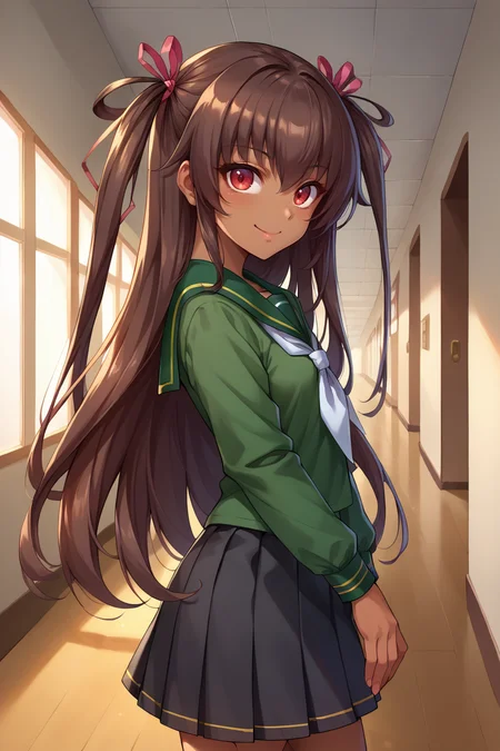 score_9, score_8_up, score_7_up, score_6_up, source_anime, 1girl, solo  <lora:mizukiyukikaze-pdxl-nvwls-v1-000005:1> defyuki, tan, brown hair, red eyes, two side up, long hair, hair ribbon, green shirt, green sailor collar, white neckerchief, long sleeves, black skirt, pleated skirt, hallway, from side, looking at you, happy, smile