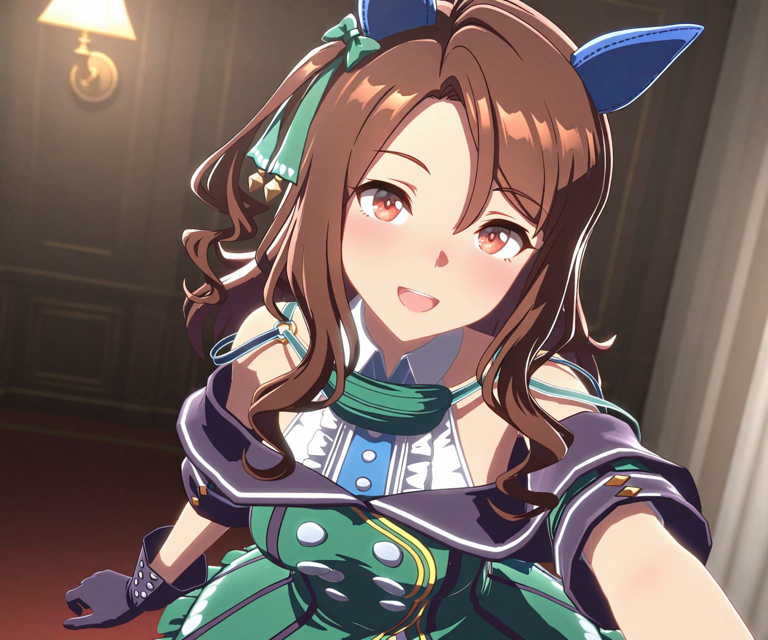 masterpiece, best quality, amazing quality, , 1girl, solo, looking at viewer, smile, open mouth,    <lora:King Halo in game style 3D ILL-v2:1> ummsmingame, 3d, king halo \(umamusume\),