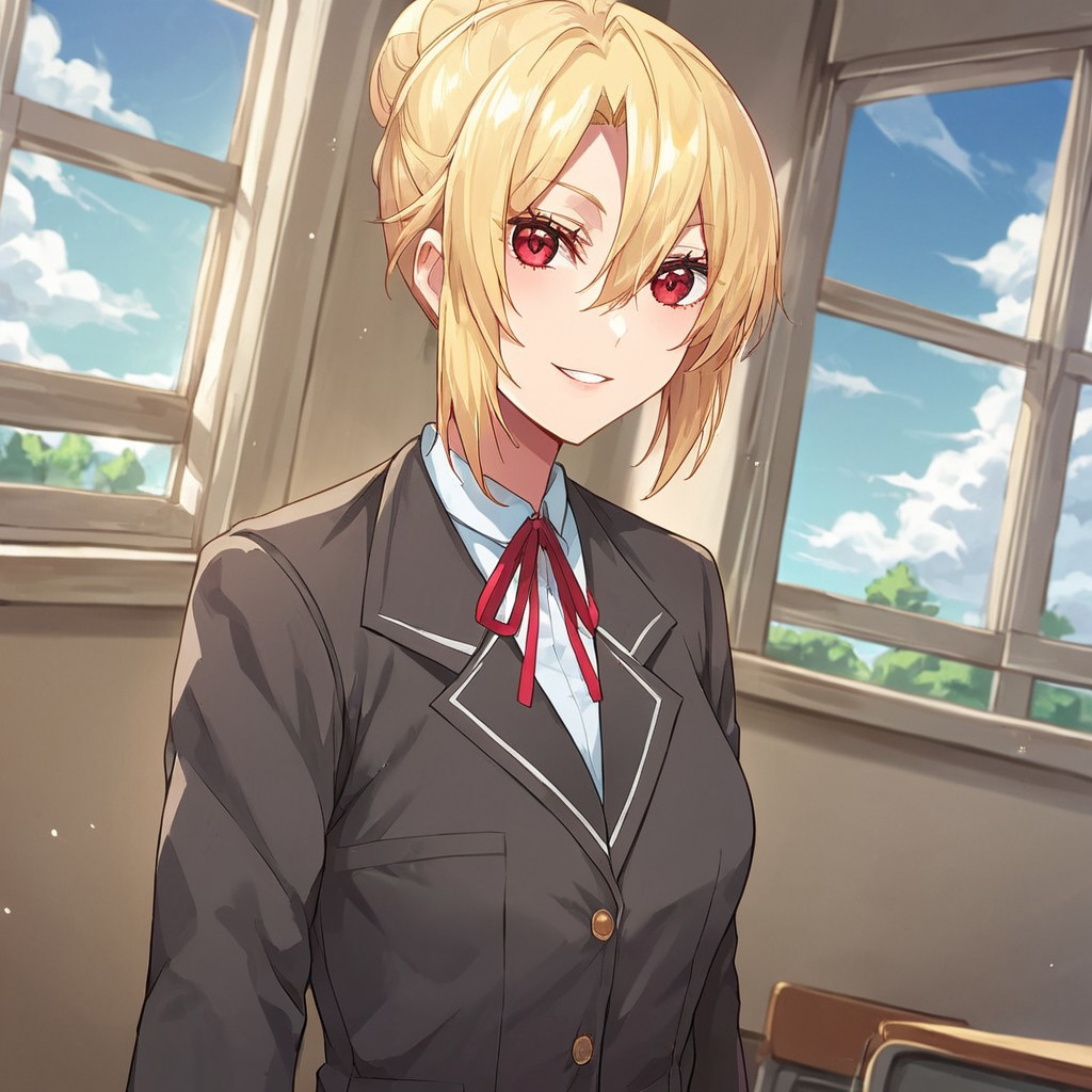 score_9, score_8_up, score_7_up, source_anime, angelica, blonde hair, single hair bun, red eyes, school uniform, pleated skirt, classroom, window, clear sky, clouds, smile, parted lips, looking at viewer, cowboy shot, dutch angle, solo,