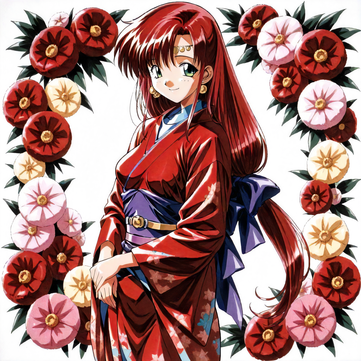 <lora:RC_elenoa_ranXLanimagine001>,
masterpiece,high score,great score,absurdres,
flower background,glitter,
smile,
looking at viewer,
solo,
anime coloring,retro artstyle,1990s (style),
elenoa_ran\(rance_series\),1girl,red hair,circlet,low-tied long hair,hair_bow,green eyes,earrings,
cowboy shot,standing,
print_kimono,japanese_clothes,red kimono,