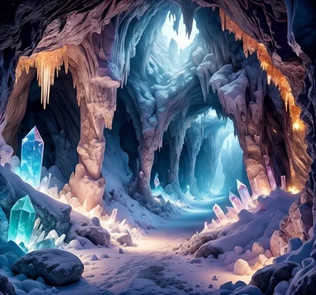 RAW photo, (masterpiece:1.3), subsurface scattering, heavy shadow, (high quality:1.4), (intricate, high detail:1.2), professional photography, HDR, High Dynamic Range, realistic, ultra realistic, photorealistic, high resolution, film photography, ambient lighting, atmospheric effects, <lora:detail_slider_v4:2>, OverallDetail, <lora:CrystalCaves:1> , arch, blurry, cave, cliff, cryca, crystal, fantasy, floating rock, full moon, gem, glowing, landscape, light, no humans, road, rock, scenery, sky, snow, sunlight, tree, water