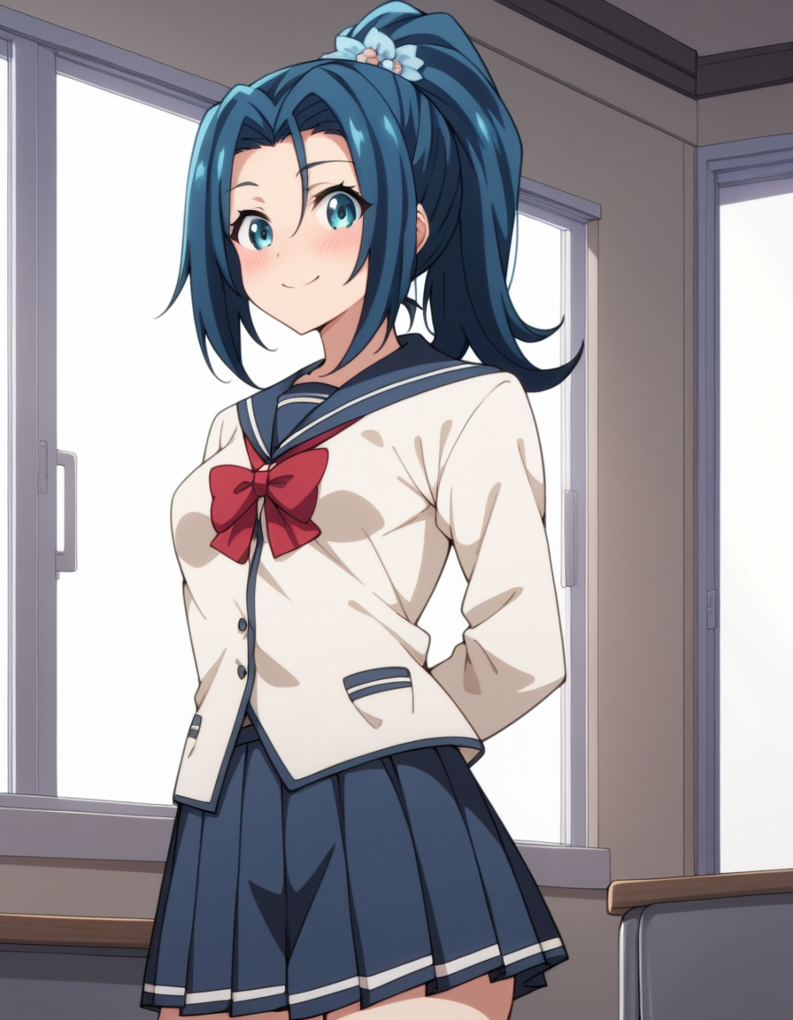 score_9, score_8_up, score_7_up, source_anime, uncensored, <lora:StS_detail_slider_v1:3>, zPDXLxxx, <lora:Hina_Hanetachi_PONYXL_VexVexX:1>, HinaHanetachi, 1girl, blue eyes, blue hair, ponytail, hair ornament, hair flower, medium-small breasts, school uniform, serafuku, pleated skirt, red bow, cowboy shot, indoors, from front, standing, hands behind back, looking at view, thighs, smile,