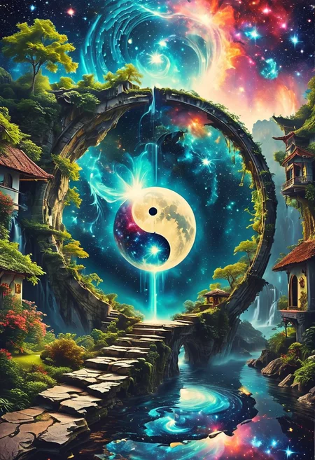 The impossible epic Real reality work is unbalanced, depicting the illusion of creation the passage of time space of the cosmos and the earth, the incredible real scene inside the yin-yang star moon gate a distorted circle that cracks and opens, The edge of the circle is decorated with selected beautiful mimic waterfall with galaxy-styled cottages and shimmering above, fairies set on a winding path to a dream paradise, illusion, yin-yang, distorsi, crack, time space, galaxy, crystal, double exposure,