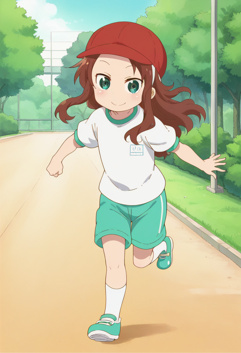 1girl, solo, rikos, saigym, long hair, brown hair, green eyes, gym shirt, baseball cap, red headwear, green shorts, white socks, green shoes, <lora:PonyXL Riko Saikawa:1>, score_9, score_8_up, score_7_up, score_6_up, score_5_up, score_4_up , anime coloring ,BREAK source_anime, anime,
looking at viewer, smile, 
outdoors, park, running,