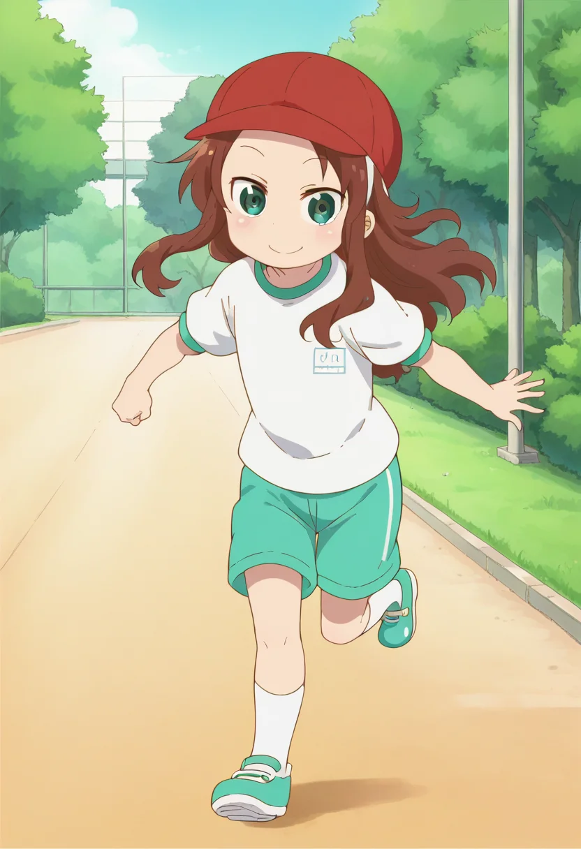 1girl, solo, rikos, saigym, long hair, brown hair, green eyes, gym shirt, baseball cap, red headwear, green shorts, white socks, green shoes, <lora:PonyXL Riko Saikawa:1>, score_9, score_8_up, score_7_up, score_6_up, score_5_up, score_4_up , anime coloring ,BREAK source_anime, anime,
looking at viewer, smile,
outdoors, park, running,