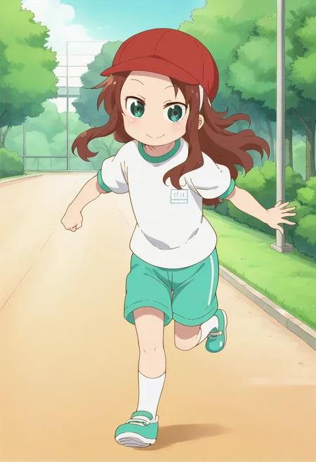 1girl, solo, rikos, saigym, long hair, brown hair, green eyes, gym shirt, baseball cap, red headwear, green shorts, white socks, green shoes, <lora:PonyXL Riko Saikawa:1>, score_9, score_8_up, score_7_up, score_6_up, score_5_up, score_4_up , anime coloring ,BREAK source_anime, anime,
looking at viewer, smile,
outdoors, park, running,
