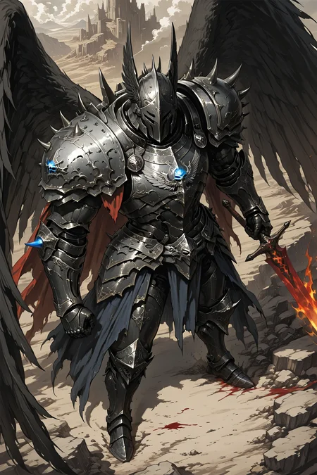 amazing quality, film grain, realistic, (cinematic:1.3), textured sketch, 1 man, solo, full power armor, muscular, heroic male knight, blue glowing accents on armor, dark silver and steel tones, misty steam rising from helmet vents, epic battlefield, standing atop a pile of bodies, dead warriors beneath him, broken weapons, smoke and fire in the background, blood-soaked ground, tattered banners, dramatic lighting, glowing embers in the air, glowing runes, heavy warhammer held in hand, dynamic heroic pose, detailed textures, realistic shading, dutch angle, view from above, atmospheric fog, epic and cinematic composition, fantasy digital painting, high detail, fantasy genre, anime-influenced realism, professional art, eps, armor, fire, knight, helmet over eyes, blood on weapon, battlefield, power armor, blood, weapon,
A robot-like figure in a battle scene. the figure is wearing a full suit of armor with intricate designs and patterns, including blue and purple accents. it has two large wings on either side of its head, which are covered in flames and smoke. the background is dark and cloudy, suggesting that the scene is taking place at night or in a stormy sky. the figure appears to be in mid-air, with its arms outstretched and its legs spread wide, as if it is ready for battle. the armor is made up of multiple layers of metal and has a metallic sheen, giving it a futuristic and powerful appearance. the overall mood of the image is intense and dramatic, conveying a sense of power and strength.
masterpiece, best quality, very aesthetic, absurdres
<lora:hina_MixArmor_x215c:0.9>