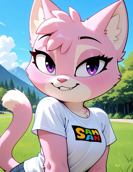 masterpiece, best quality, very aesthetic, absurdres,
outdoors, casual,
upper body, headshot,
t-shirt,
seductive smile, parted lips, long eyelashes,
<lora:Jana_v01_NAIXL:1>
J4n4,1girl,solo,furry,furry female,cat girl,cat ears,purple eyes,animal nose,body fur,two-tone fur,pink fur,white fur,cat tail,
