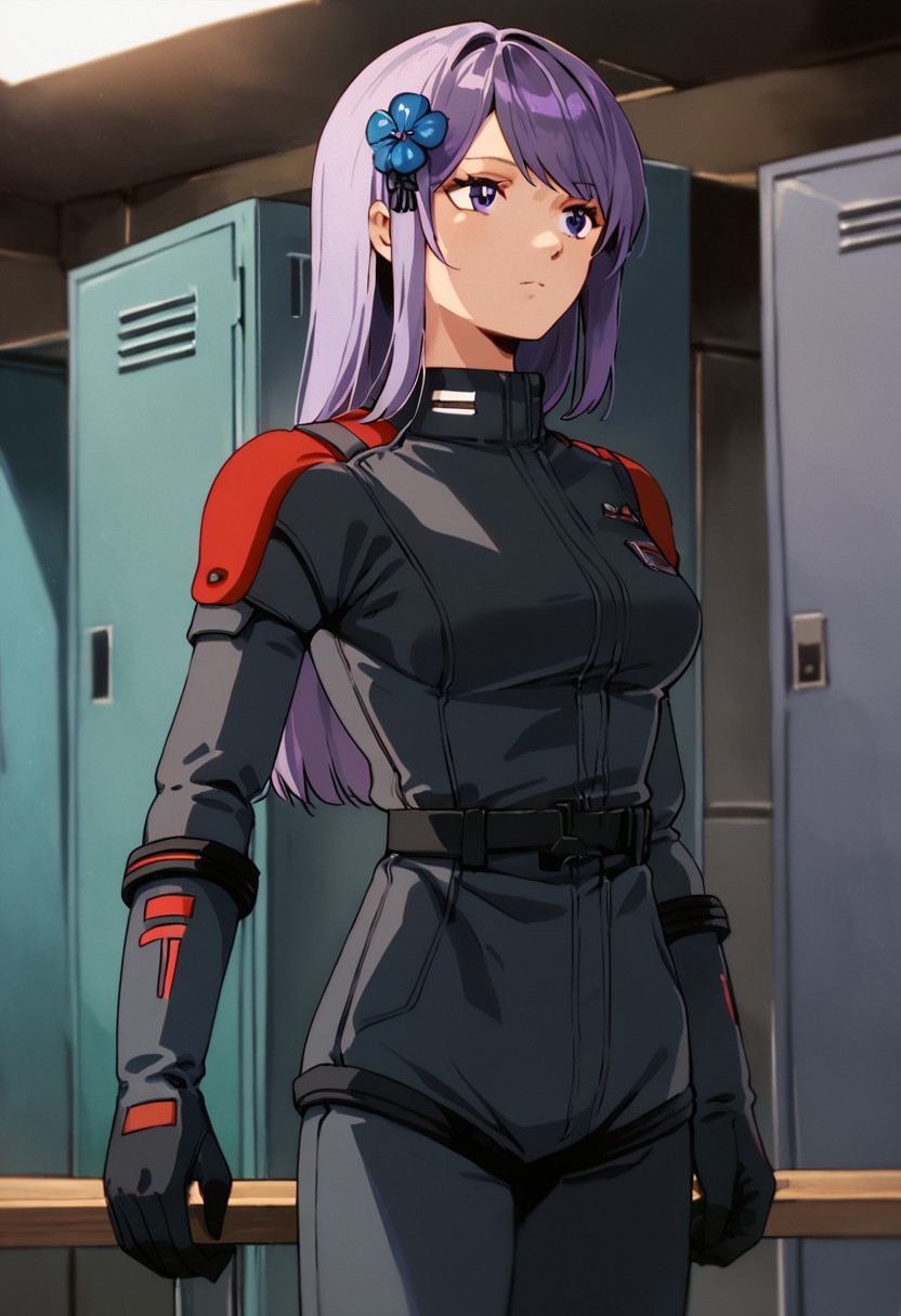 zPDXL3, asano_ruri, purple eyes,  long hair, purple hair, hair ornament,  virtual youtuber,bangs,hair flower, medium breasts,black spacesuit, black gloves,cowboy shot, locker room
