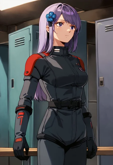 zPDXL3, asano_ruri, purple eyes, long hair, purple hair, hair ornament, virtual youtuber,bangs,hair flower, medium breasts,black spacesuit, black gloves,cowboy shot, locker room