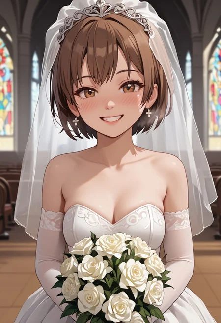 score_4,score_5,score_6,score_7_up,score_8_up,score_9 ((masterpiece,best quality,ultra detailed,highres,HD,4k:1.2)),
1girl, solo,solo focus,girl focus,face focus,
short hair,brown hair,brown eyes,
wedding dress, wedding veil,bouquet,
wedding ceremony, church,
looking at viewer,happy,smile,blush,Smiling with teeth showing,