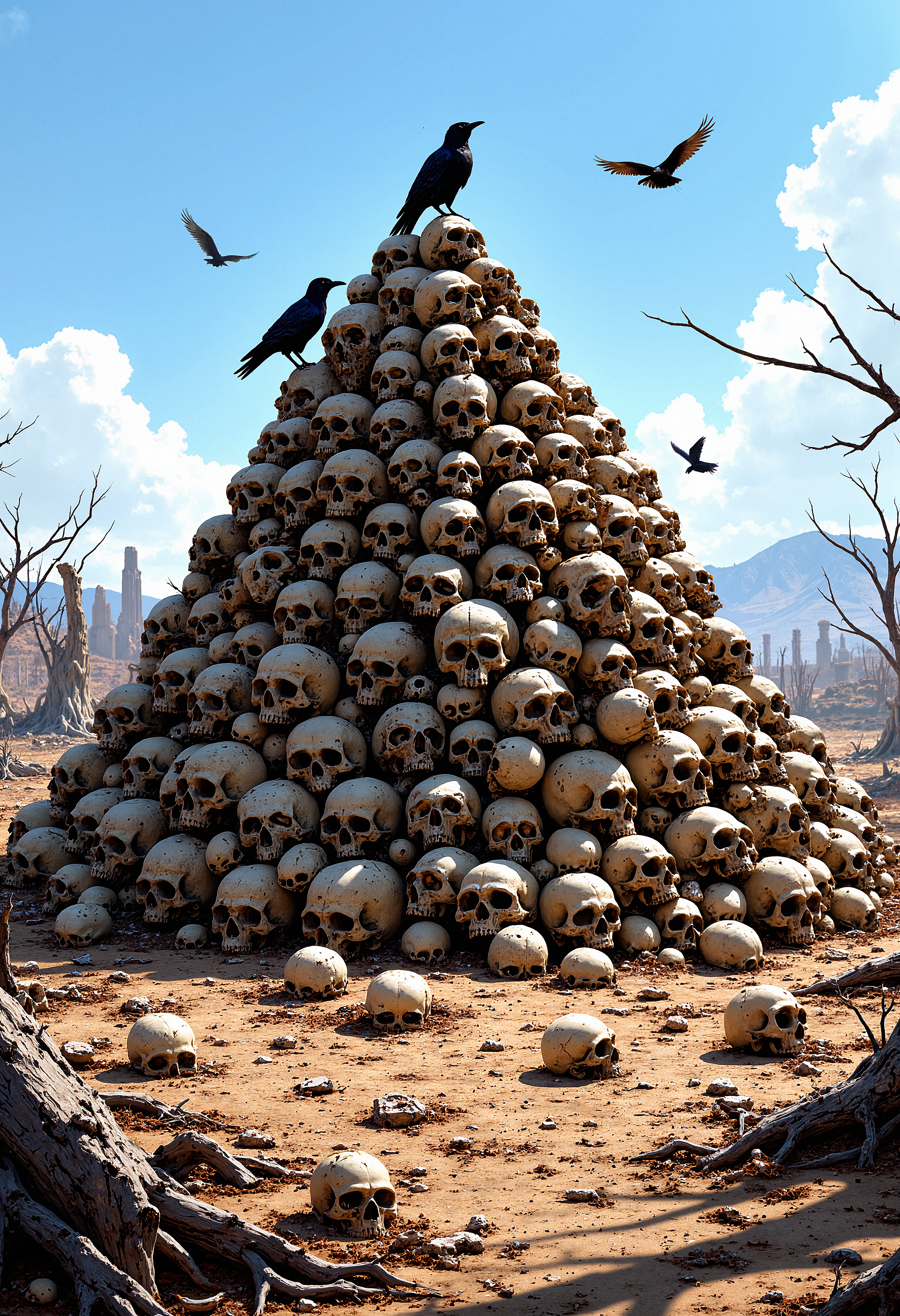 Large pile of human skulls forming a pyramid, skulls scattered around the base, some partially buried in the dry ground. Black ravens perched on the skulls and flying overhead, a desolate and barren landscape with dried trees, distant ruins on the horizon, clear blue sky, harsh midday lighting, shadows cast on the ground, high level of detail, realistic, ominous, somber mood.  <lora:FluxMythP0rtr4itStyle:0.8> MythP0rt,