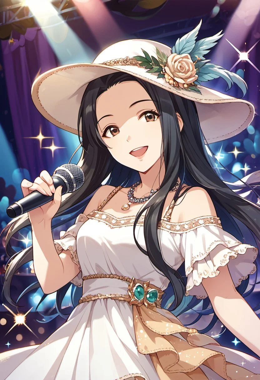 score_9, score_8_up, score_7_up, source_anime,sena shiori, long hair, black hair, brown eyes, 1girl, solo, hat, microphone, dress, smile, jewelry, necklace, looking at viewer, sparkle, open mouth