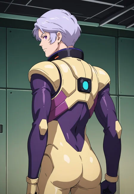 score_9, score_8_up, score_7_up, source_anime, rear view, BREAK, ( angelo_sauper, purple eyes, gray hair, best eyes, pilot suit, backpack, ) 1boy, male focus, solo, BREAK, hangar,