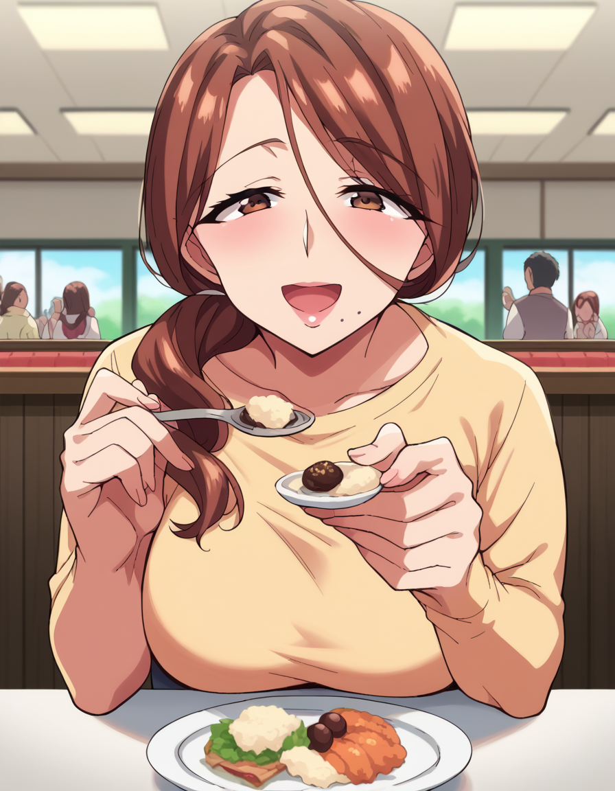 score_9, score_8_up, score_7_up, source_anime, <lora:yumiko-kimura-ova-ponyxl-lora-nochekaiser:1>, yumiko kimura, long hair, brown eyes, mole, huge breasts, mole under mouth, mature female, brown hair,, <lora:incoming-spoon-ponyxl-lora-nochekaiser:1> incoming food, spoon, holding, holding spoon, food, looking at viewer, open mouth, blush, smile, restaurant, plate, hand up,, ,