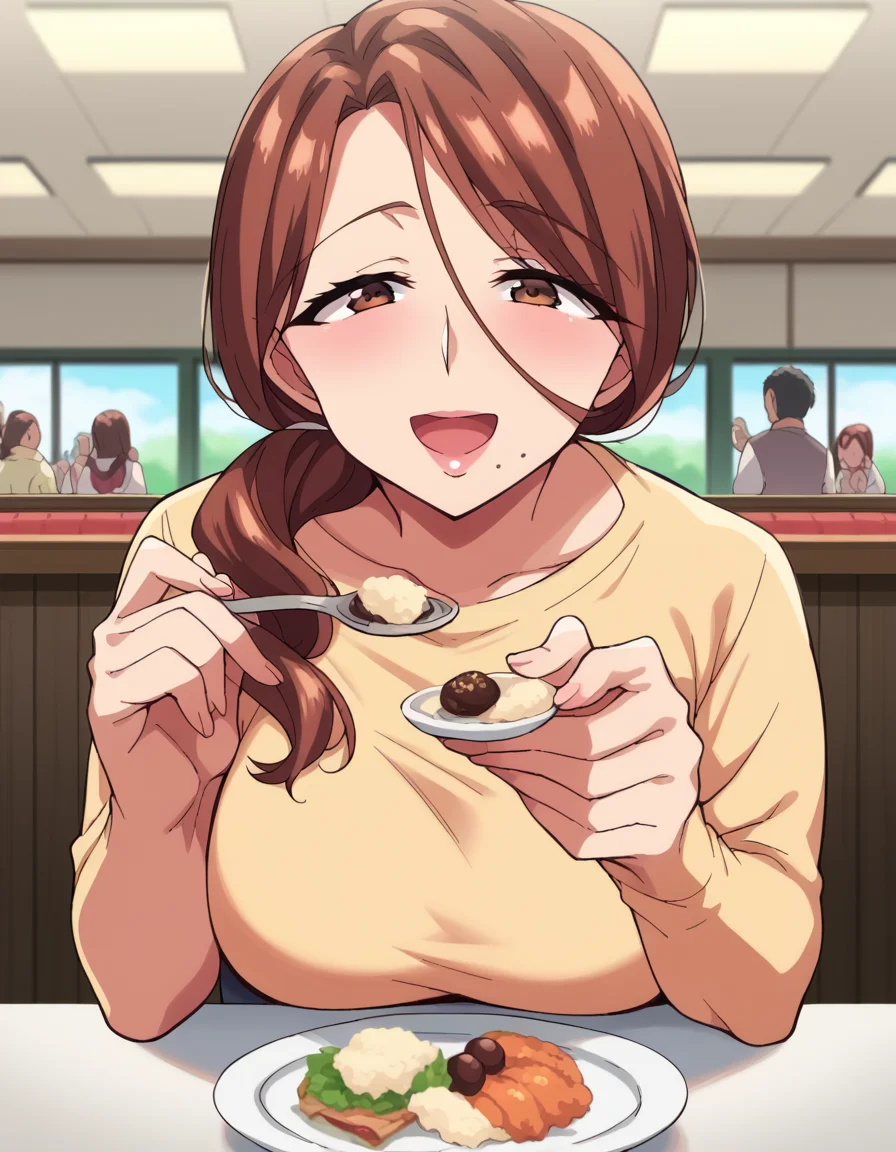 score_9, score_8_up, score_7_up, source_anime, <lora:yumiko-kimura-ova-ponyxl-lora-nochekaiser:1>, yumiko kimura, long hair, brown eyes, mole, huge breasts, mole under mouth, mature female, brown hair,, <lora:incoming-spoon-ponyxl-lora-nochekaiser:1> incoming food, spoon, holding, holding spoon, food, looking at viewer, open mouth, blush, smile, restaurant, plate, hand up,, ,