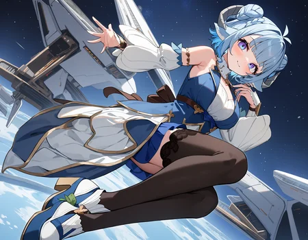 1girl, (MinaiAruma:1), waistcoat, detached sleeves, black thighhighs, 
light smile, doyagao, looking at viewer, arm up, shoes, 
full body, highly detailed background, (dutch angle:1), (spacecraft:0.8), space, 
<lora:MinaiArumaXL_animagine3:1>, masterpiece, newest, absurdres