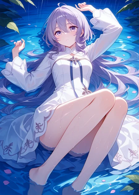 general, masterpiece, best quality, amazing quality, very aesthetic, absurdres, newest,eyesHD, high gradient eyes, detailed eyes, high definition eyes, Philia_Adenauer, 1girl,
white dress,
lying, water, wet, on back, partially submerged, arm up, knees up, leaf, bare legs, shallow water, legs, night, petals, rain