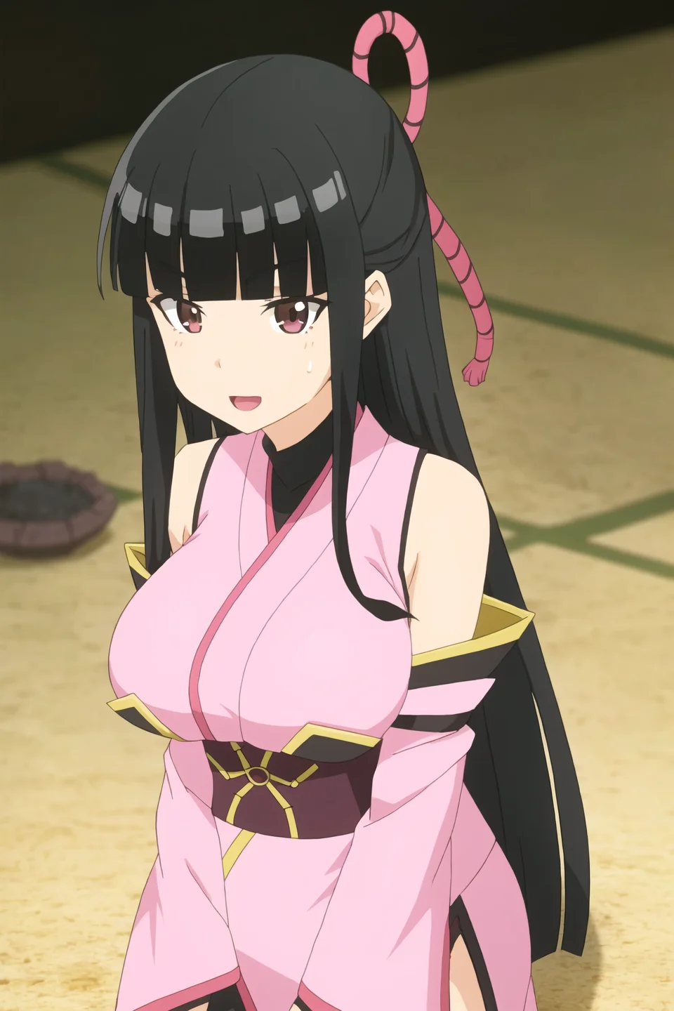 kasumi, anime art style, 1girl, solo, long_hair, breasts, open_mouth, bangs, large_breasts, black_hair, hair_ornament, brown_eyes, upper_body, detached_sleeves, japanese_clothes, sleeveless, blunt_bangs, kimono, sweatdrop, sash, obi, pink_kimono, sleeveless_kimono