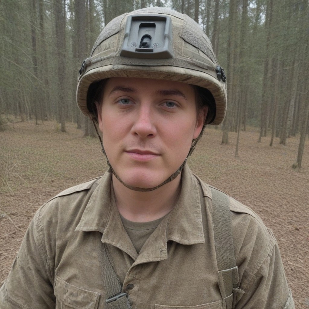 Score_8, score_9, masterpiece, source_photo, 1boy , 29 years, Irish man, ((Wearing a Virtus Helmet, brunette had multicam base cover)), Virt_Helm, in a coniferous forest, <LoRa: British Army MTP Uniform: 1.0>, dark_olive_green British army MAN_SV Truck in the background, close-up,Vert_helm