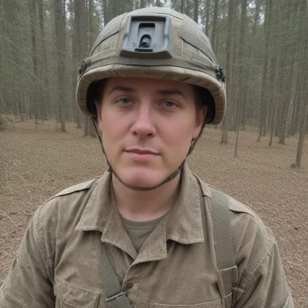 Score_8, score_9, masterpiece, source_photo, 1boy , 29 years, Irish man, ((Wearing a Virtus Helmet, brunette had multicam base cover)), Virt_Helm, in a coniferous forest, <LoRa: British Army MTP Uniform: 1.0>, dark_olive_green British army MAN_SV Truck in the background, close-up,Vert_helm