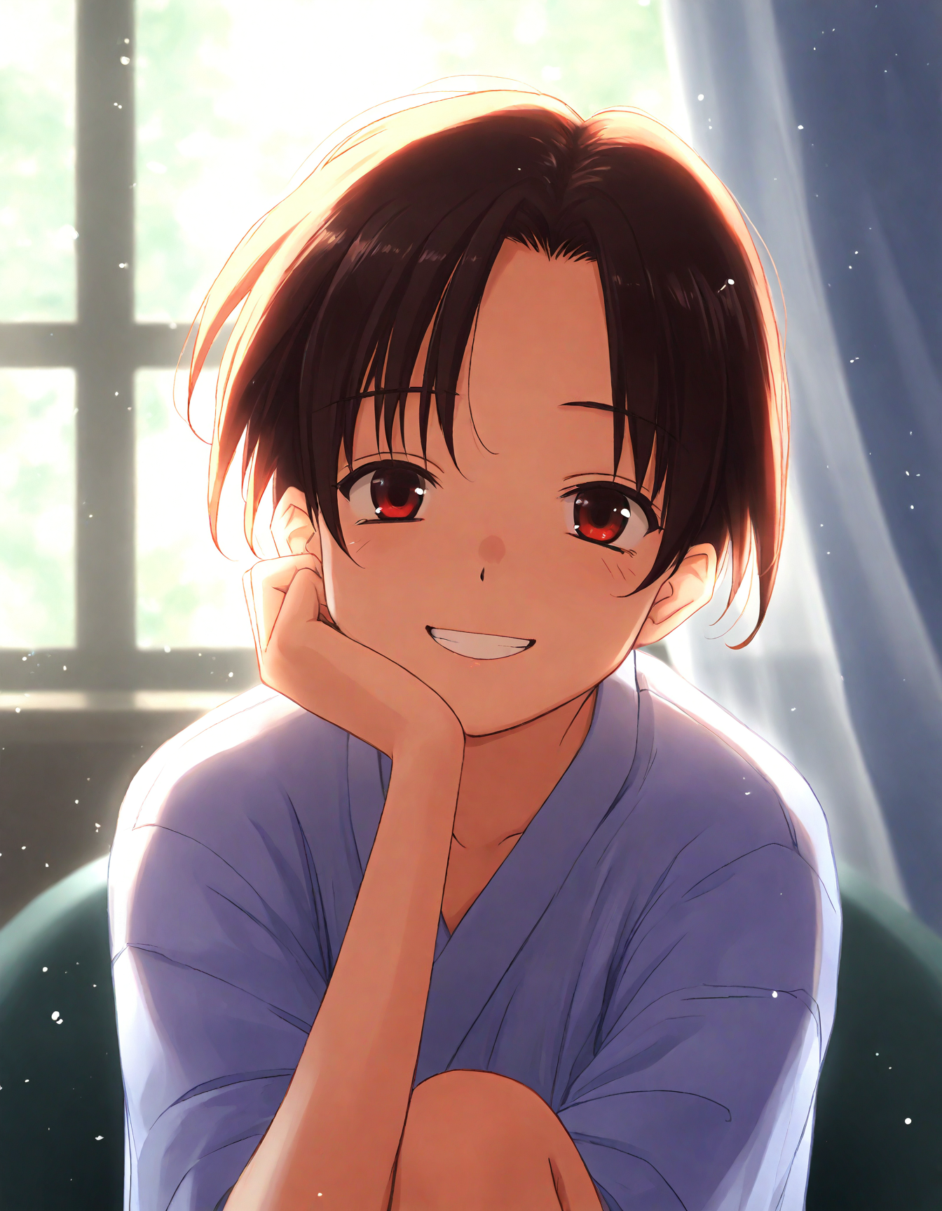 score_9, score_8_up, score_7_up, masterpiece, best quality, absurdres, official art, official style, (anime coloring, anime screencap, megami magazine, flat color:1.3), zPDXL2, zPDXLxxx,
<lora:Tsuina Style Pony_epoch_10:1.0>, tsuina_style
(cute face, beautiful face, detailed face, perfect face:1.3), 
dim lighting, light particles, dramatic lighting, bokeh, volumetric lighting, double exposure, 
rating_safe, sitting, indoors, (portrait|upper body:1.3), , (from above:1.3)
, smile, blurry, red eyes, no humans, grin, parody, glowing, depth of field, black eyes, dark, curtains, looking at viewer