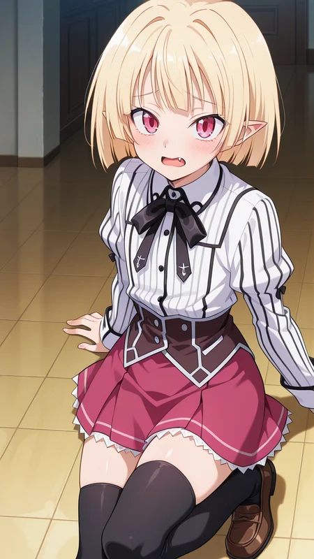masterpiece, best quality, amazing quality, very aesthetic, absurdres, newest, anime screencap, <lora:checkpoint-e22_s836:1>, gasper vladi, otoko no ko, blonde hair, pointy ears, red eyes, pink eyes, short hair, blunt bangs, fang, kuoh academy school uniform, school uniform, red skirt, pink skirt, shirt, white shirt, zettai ryouiki, black ribbon, black thighhighs, buttons, neck ribbon, striped clothes, striped shirt, vertical-striped clothes, vertical-striped shirt, brown footwear, loafers, shoes,