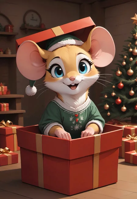 score_9, score_8_up, score_7_up, score_6_up, score_5_up, score_4_up, (mouse in a box), 
[][][][][], 
m0use_goldie, yellow fur, pr3s3nt, gift box, looking at viewer, in container, (neck up), 
[][][][][], 
cute, (green elf hat, green Christmas shirt), (cute), large box, (Christmas tree:1.5), (cottage:1.2), (joyful expression), (large gift box:1.7),