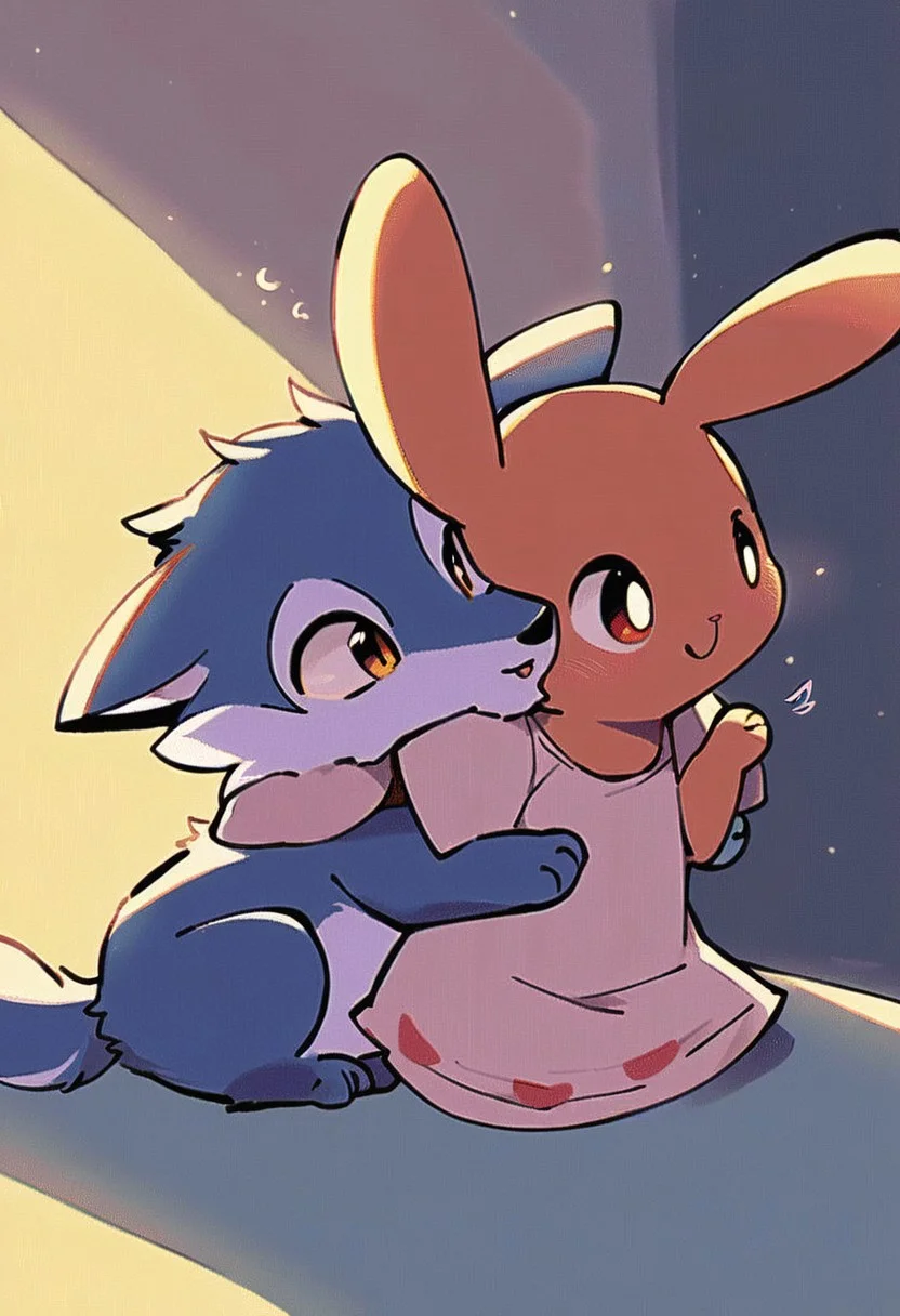 score_10, score_9_up, score_8_up, source_furry, pokemon(creature), furry, a couple, couple, two animals, cute, Rabbit falls in love with wolf, hug, the wolf is overwhelmed, Romantic, detail, no human, source_furry, (wolf, boy), (rabbit, girl, rabbit ears), no humans, feral, chibi, 1boy1girl, furry only, anime, furry and furry, fairy tale, animated, looking at another, eye contact,