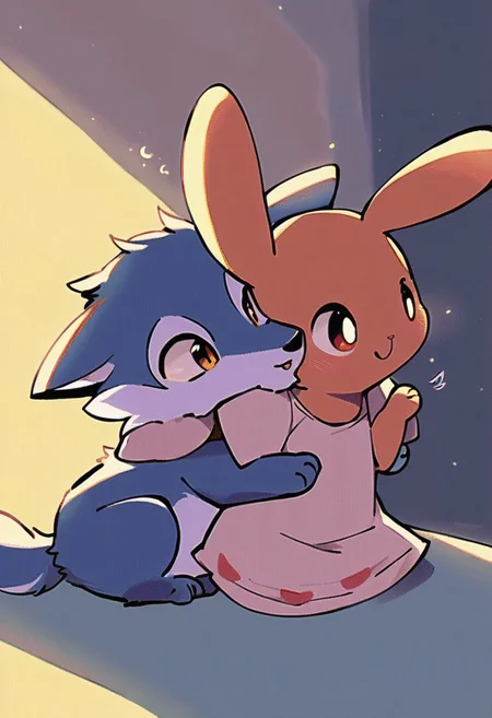score_10, score_9_up, score_8_up, source_furry, pokemon(creature), furry, a couple, couple, two animals, cute, Rabbit falls in love with wolf, hug, the wolf is overwhelmed, Romantic, detail, no human, source_furry, (wolf, boy), (rabbit, girl, rabbit ears), no humans, feral, chibi, 1boy1girl, furry only, anime, furry and furry, fairy tale, animated, looking at another, eye contact,