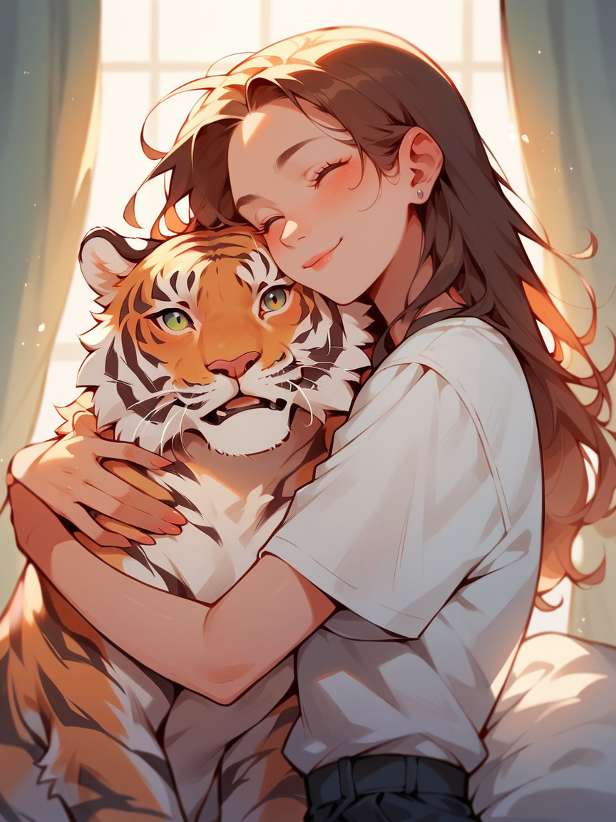 score_9, score_8_up, score_7_up, score_6_up,  <lora:p3tl0v3XLP:1> p3tl0v3, 1girl, hugging tiger