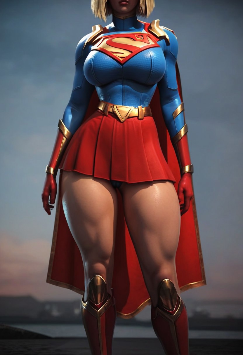 Krytponianarmour, score_9, score_8_up, score_7_up, thick thighs, supergirl, blonde hair, short hair,  red thighhigh boots, blue top, long sleeves, red skirt, classic superman logo, cape, windy, gold trim, futurcouture, red elbowgloves, gold belt,  gold trim, revealing outfit, huge breasts, windy, pantyshot, cameltoe, head out of frame,