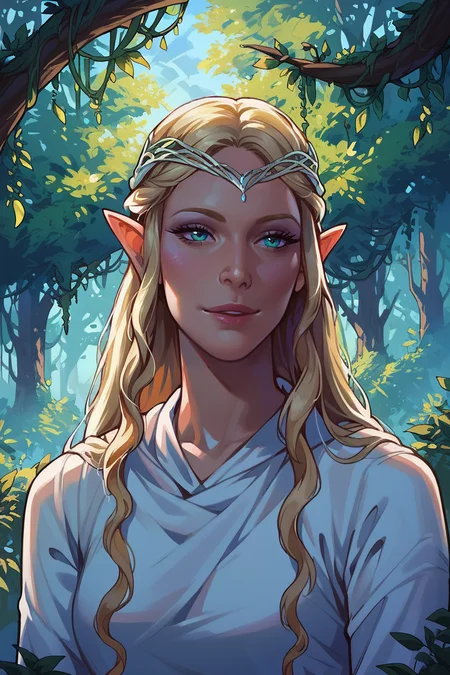 score_9,score_8_up,score_7_up,score_6_up,score_5_up,score_4_up <lora:Smooth Night Style SDXL_LoRA_Pony Diffusion V6 XL:0.7> 1girl <lora:Galadriel_PonyV3:1> galadriel, elf, long hair, blonde hair, tiara, forest, lothlorien scenery, fantasy, solo, portrait, seductive smile,