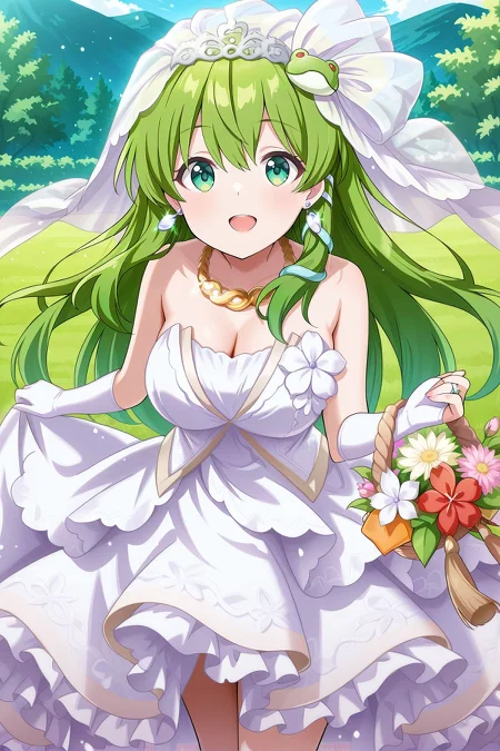 absurdres, highres, masterpiece, best quality, amazing quality, official anime artwork, screencap, anime screencap, outdoors, looking at viewer, dynamic pose,
<lora:Sanae-Kochiya_IllustriousV2:1> kochiya sanae, 1girl, solo, green eyes, green hair, long hair,, kochiya sanae \(the white miracle that brings good luck\), alternate costume, bridal veil, white veil, earrings, yellow necklace, jewelry, white gloves, bridal gauntlets, elbow gloves, bare shoulders, sleeveless, strapless, cleavage, pink dress, white dress, frilled dress, flower basket, bouquet, tassel, wedding dress, wedding ring, white shoes,