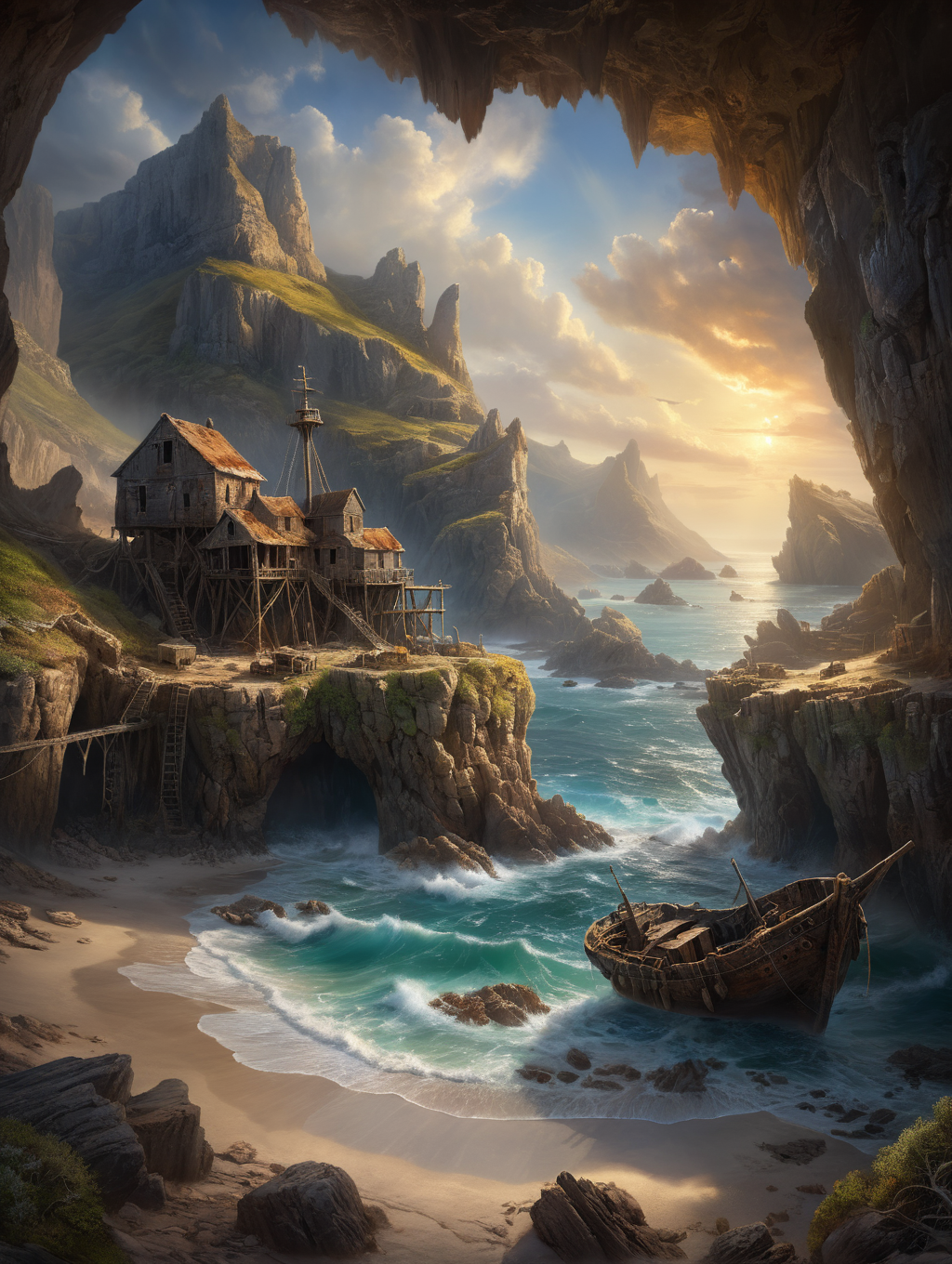 oil painting, An abandoned harbour on the coast, surrounded by rugged cliffs and a secret cave system that once hid pirates, dramatic light,  34K uhd, masterpiece, high detail, 8k, intricate, detailed, high resolution, high res, high quality, <lora:add-detail-xl:1.8>, highly detailed, Extremely high-resolution details, fine texture,