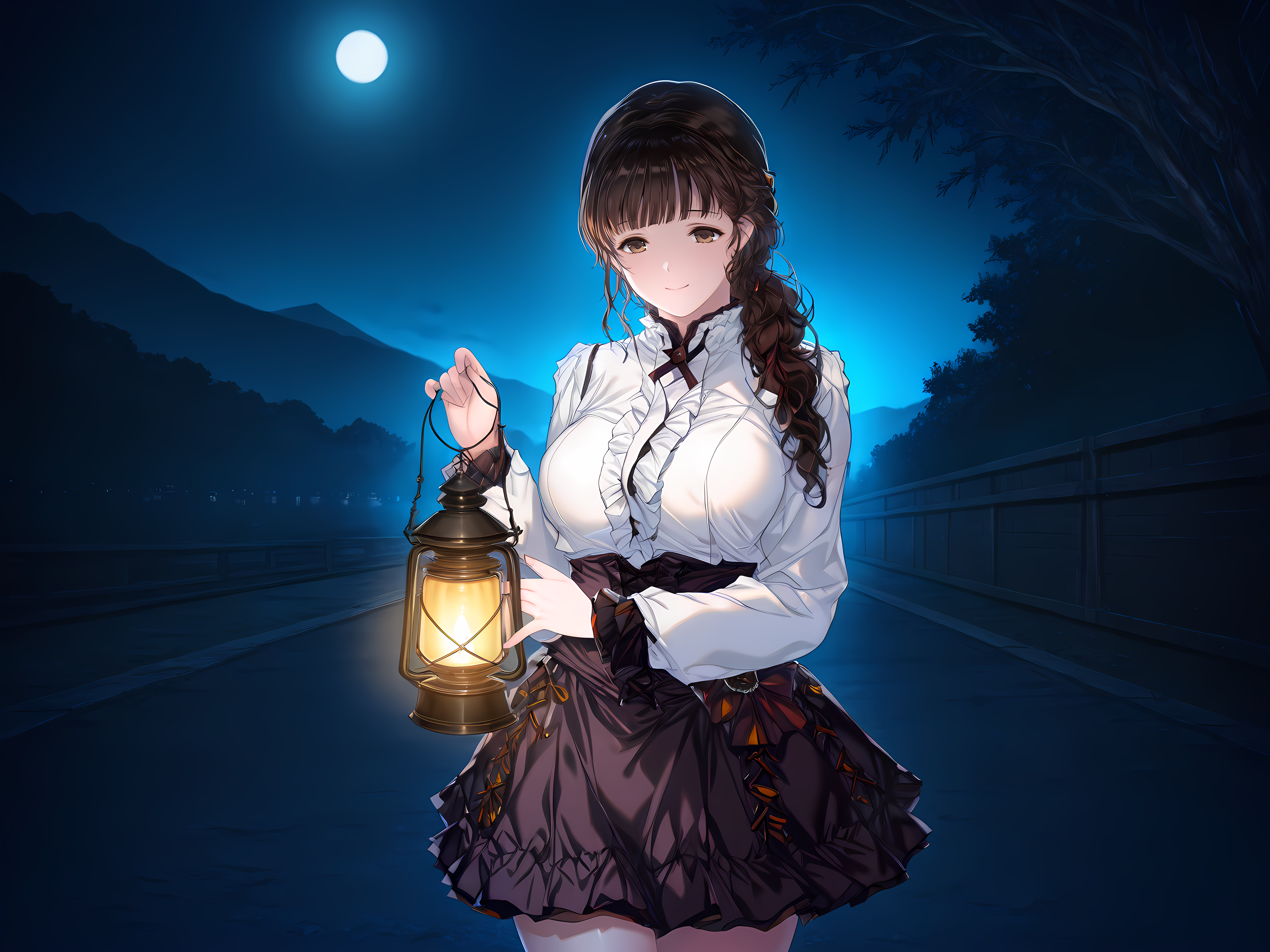 <lora:HaHa_Ranman_Illustrious:1>,mayuko,alicesoft,mayc outfit,cowboy shot,standing,outdoors,smile,1girl,solo,night,moonlight,lantern,holding lantern,festive,, masterpiece,best quality,amazing quality,