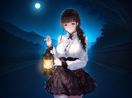 <lora:HaHa_Ranman_Illustrious:1>,mayuko,alicesoft,mayc outfit,cowboy shot,standing,outdoors,smile,1girl,solo,night,moonlight,lantern,holding lantern,festive,, masterpiece,best quality,amazing quality,