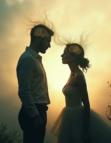 Silhouetted figures, their forms reduced to powerful, detailed shapes, stand in contrast to ethereal, light-filled backgrounds. In a surreal landscape, the brains of a man and woman twist and dance, swirling patterns of emotion and energy pulsing through the scene. An air of melancholy and mystery pervades the minimalist, yet deeply evocative, composition