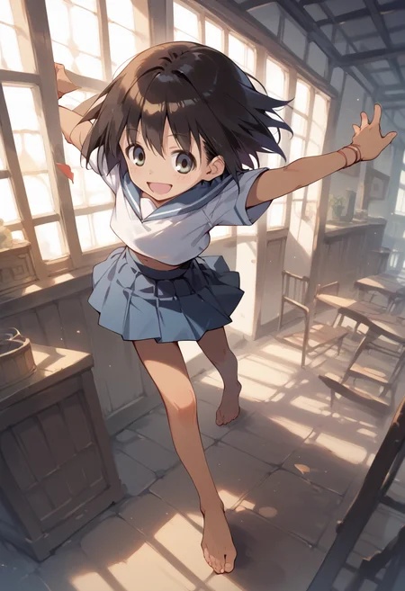 score_9, score_8_up, score_7_up, best quality, masterpiece, source_anime, zPDXL2, BREAK , 1girl, solo,  sekiuchi maria tarou, serafuku, barefoot ,dark skin,  Pretending to play the drums ,   <lora:sekiuchi_maria_tarou:1>