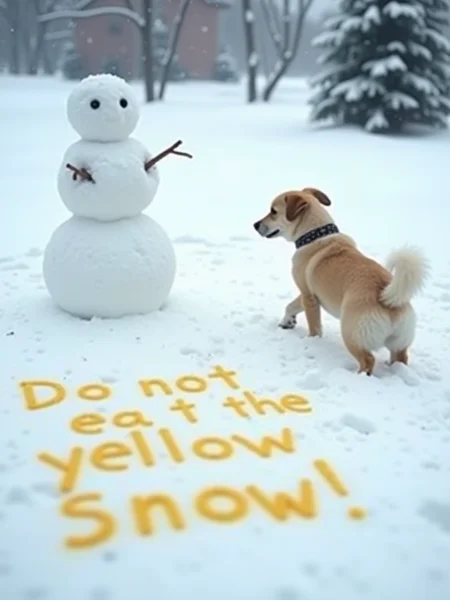 The image shows fresh snow infront of a snowman. In the snow written in yellow pee is the text "Do not eat the yellow snow!" very thinly. Right next to the text a little dog is lifting his back foot and is peeing in the snow, best quality, 4k, 8k, high resolution, cinematic, vibrant, intricate, Hyperrealistic, high detail