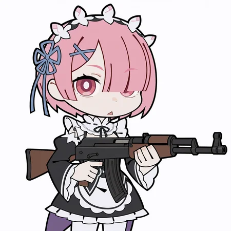 highres, hi res, best quality, masterpiece, 2d,
1girl, solo, female, pink eyes, pink hair, blue ribbon, rÑm \(re:zero\), maid headdress, roswaal mansion maid uniform,
holding weapon, holding, machine gun, ak-47,
cowboy shot, looking at viewer, chibi, meme, parody, triangle mouth, flat color,
depth of field, white background, simple background, <lora:ZZZ_Stroll_Sticker_ILXL:1>