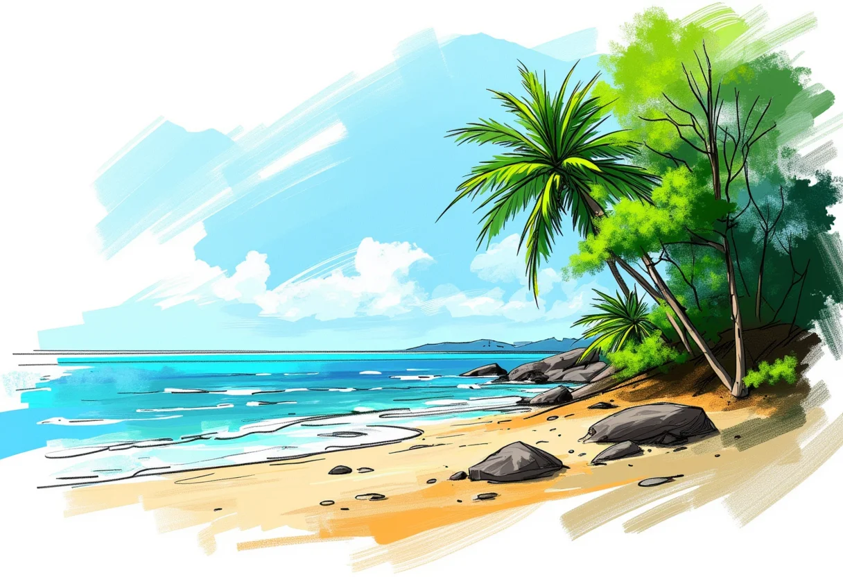 rough color sketch style, a nature landscape, a beach with tropical trees, concept design, rough sketch, color sketch,