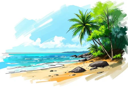 rough color sketch style, a nature landscape, a beach with tropical trees, concept design, rough sketch, color sketch,