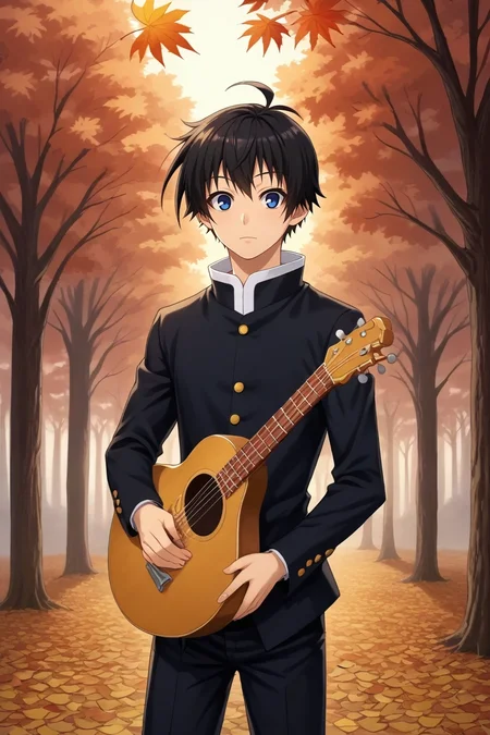 score_9, score_8_up, score_7_up, source_anime, rating_safe, , anime screencap, , , looking at viewer, , 1boy, solo, male focus, <lora:misogi_kumagawa_pony:0.96>, misogi_kumagawa, black hair, blue eyes, short hair, ahoge, asymmetrical, trees, autumn, leaves, dark, holding instrument, giggling, henley,, <lora:sdxl_lightning_8step_lora:1>
