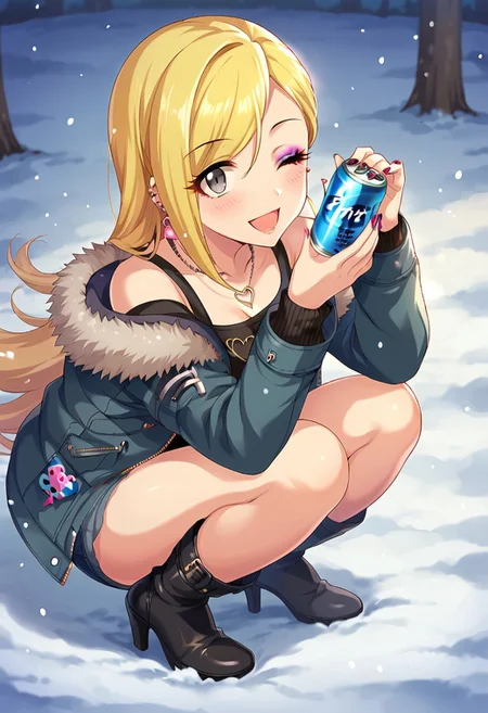 score_9, score_8_up, score_7_up, source_anime,fujimoto rina,grey eyes, , 1girl, solo, long hair, looking at viewer, blush, smile, open mouth, blonde hair, jewelry, jacket, heart, earrings, boots, one eye closed, necklace, off shoulder, nail polish, black footwear, high heels, makeup, squatting, snow, high heel boots, can