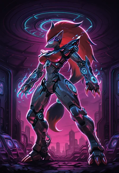 masterpiece, best quality, no humans, <lora:ZoroarkPokedex_IXL_v1:1.0>, zzZoroark, 1girl, solo, neon-highlighted bob, gravity-defying braid, armored exosuit, plasma claw gauntlets, kinetic boots, segmented chestplate, utility rig, derelict starship interior, blue emergency lights â Inside the shattered hull of a drifting starship, she clings to the ceiling with clawed gauntlets glowing hot. Sparks rain from torn circuitry, her visor pulsing with threat detection. Zero-G debris floats around her as she kicks off, claws aimed at the approaching shape. D1sc0Pnk, mecha, <lora:DiscoPunk_IXL:0.7>,