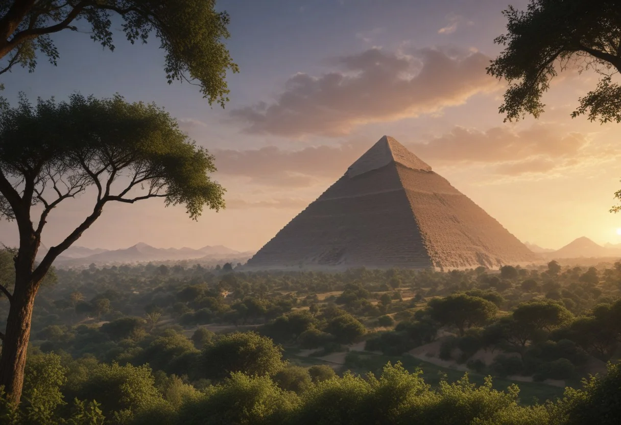 A photorealistic render of the The Great Pyramid of Giza, covered in overgrown vines, low-light, evening.